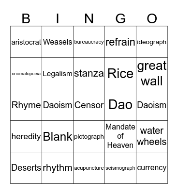Ancient China Bingo Card