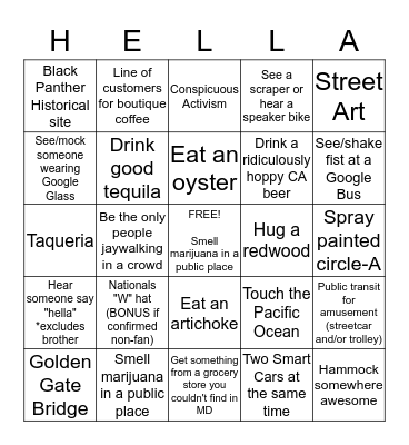 Bay Area Bingo Card