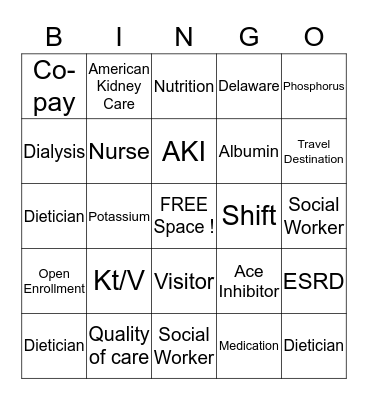Dialysis Bingo Card