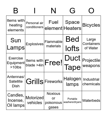 Prohibited Items Bingo Card