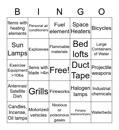 Prohibited Items Bingo Card