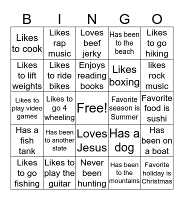 About Me Bingo Card