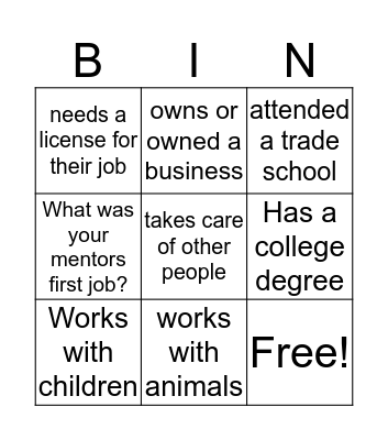 Teen Mentoring Career Day Bingo  Bingo Card