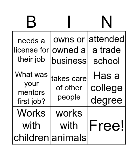 Teen Mentoring Career Day Bingo  Bingo Card