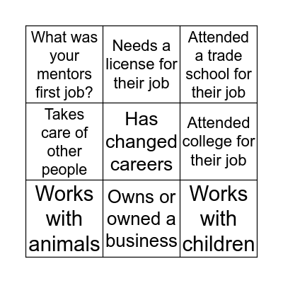 Teen Mentoring Career Day Bingo  Bingo Card