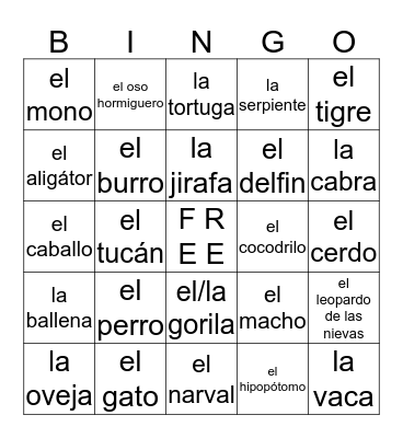 Los Animales Bingo Card
