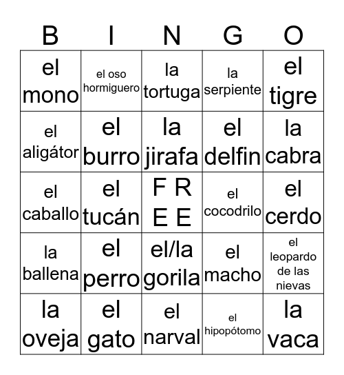 Los Animales Bingo Card