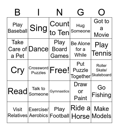 Healthy Activities for Stress Bingo Card