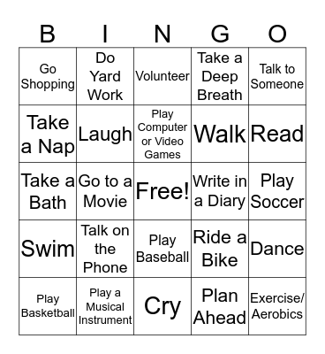 Healthy Activities for Stress Bingo Card
