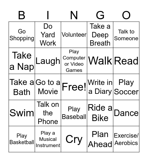 Healthy Activities for Stress Bingo Card