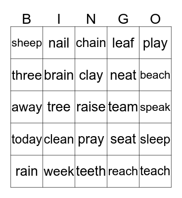CVVC    a - e Bingo Card