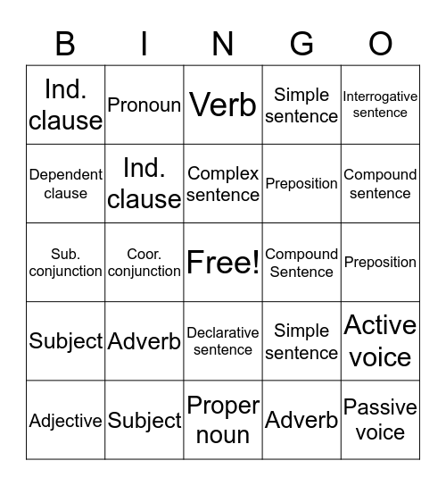 Grammar Bingo Card