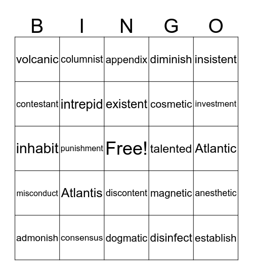 WORDS WITH 3 CLOSED SYLLABLES Bingo Card