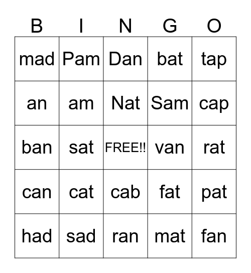 Short A Words Bingo Card