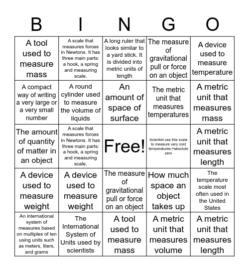 Metric Test Vocabulary  Bingo Card