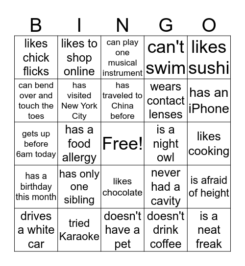 Ice Breaker Bingo Card