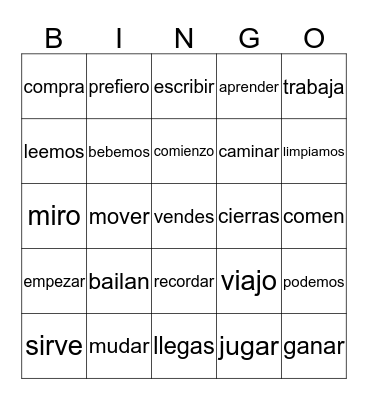 Spanish Verbs Bingo Card