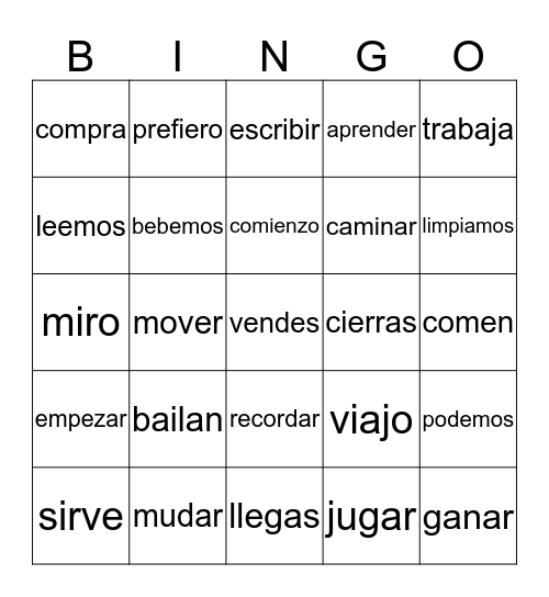 Spanish Verbs Bingo Card