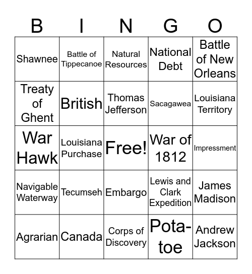Age of Jefferson/War of 1812 Bingo Card