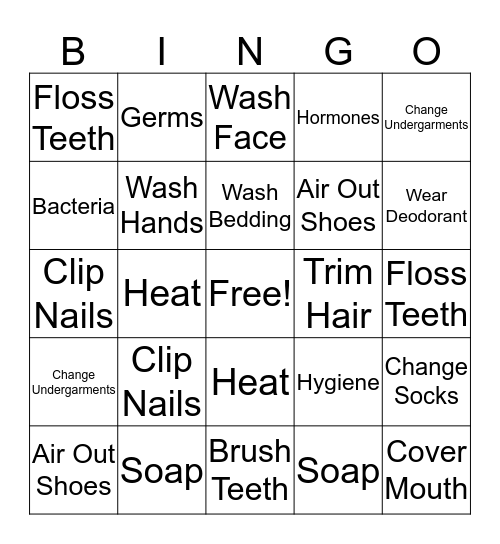 Personal Hygiene Bingo Card