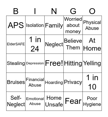 Elder Abuse Bingo Card