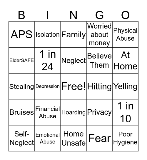 Elder Abuse Bingo Card