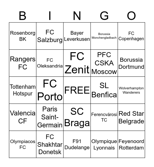UEFA 2019-20 Bingo Card