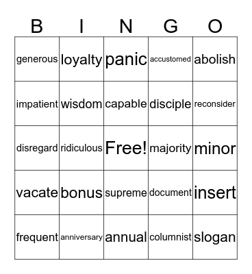 Vocabulary 6 Bingo Card