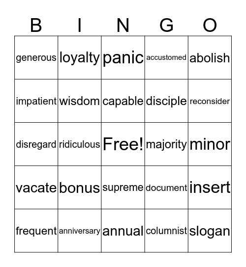 Vocabulary 6 Bingo Card