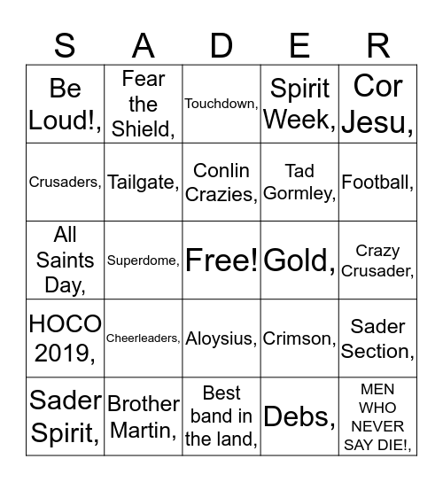 2019 Spirit Week Bingo Card
