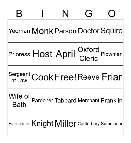 The Canterbury Tales Bingo Card