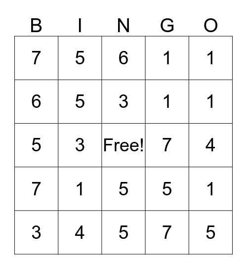 Subtraction Bingo Card