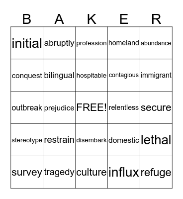 Expert 21 Vocabulary Bingo Card