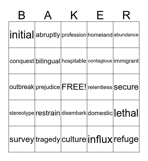 Expert 21 Vocabulary Bingo Card