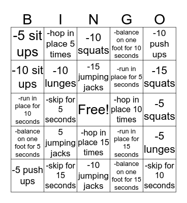 Fitness Bingo Card