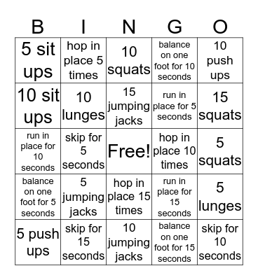 Fitness Bingo Card