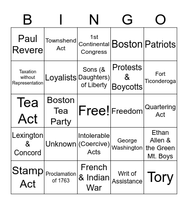 Road to Revolution Bingo Card