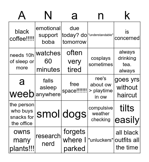 Anank Bingo Card