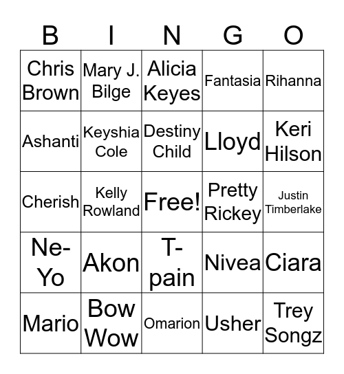 2000's R&B  Bingo Card