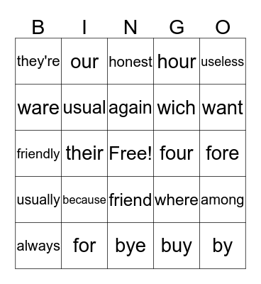 Sight Words  Bingo Card