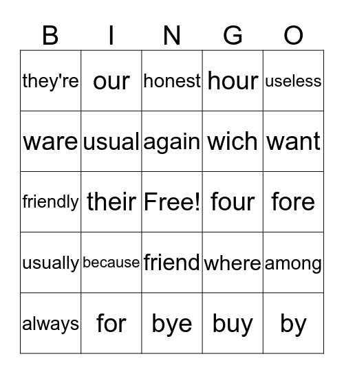 Sight Words  Bingo Card