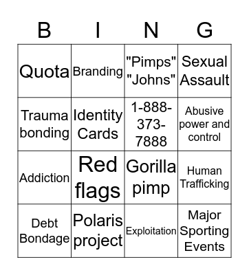 "Why Us?" Human Trafficking Bingo Card