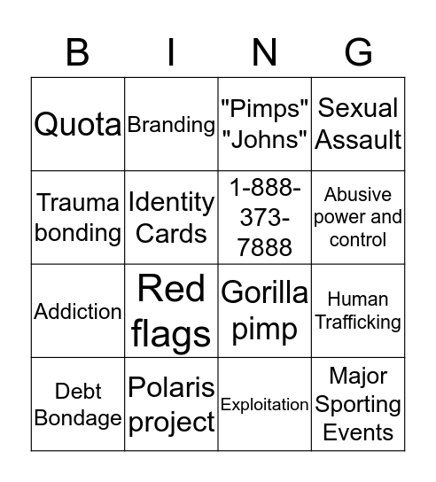 "Why Us?" Human Trafficking Bingo Card