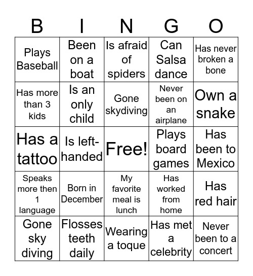 GETTING TO KNOW YOU Bingo Card