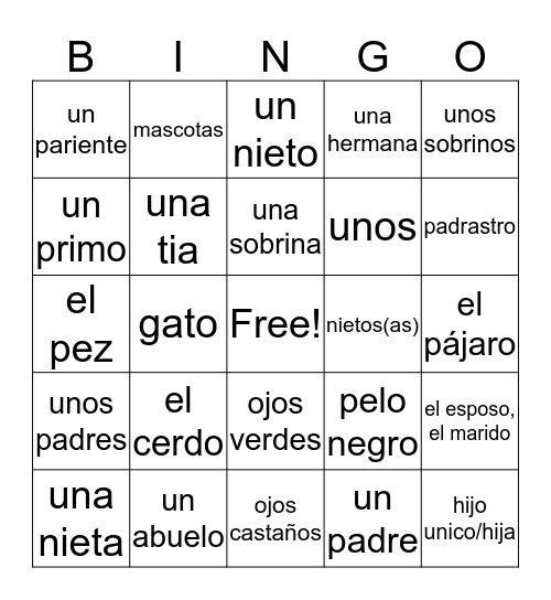 Vocab 2.1 - La Familia Bingo Card