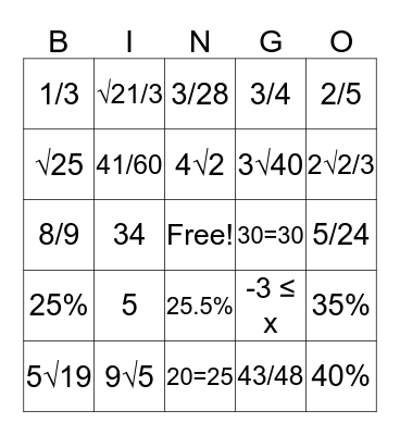 Math Game Bingo Card