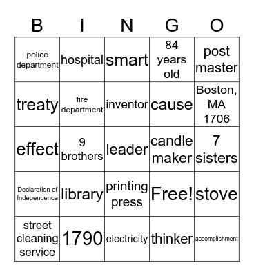 Benjamin Franklin Bingo Card