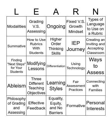 Assessing Great Learners Bingo Card