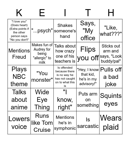 Keith Yagerline Bingo Card