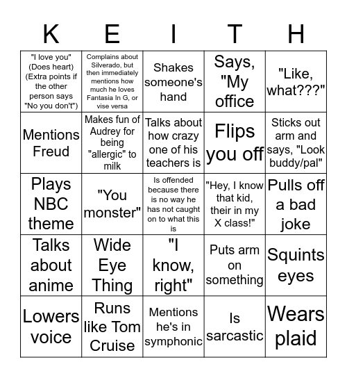 Keith Yagerline Bingo Card